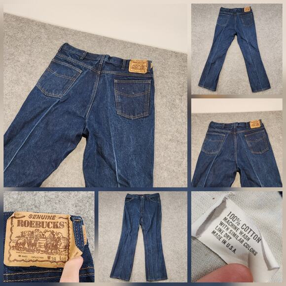 VTG 80s 90s Genuine Roebucks Mens 38x30 Dark Wash USA Made Blue Denim Jeans - Picture 1 of 16